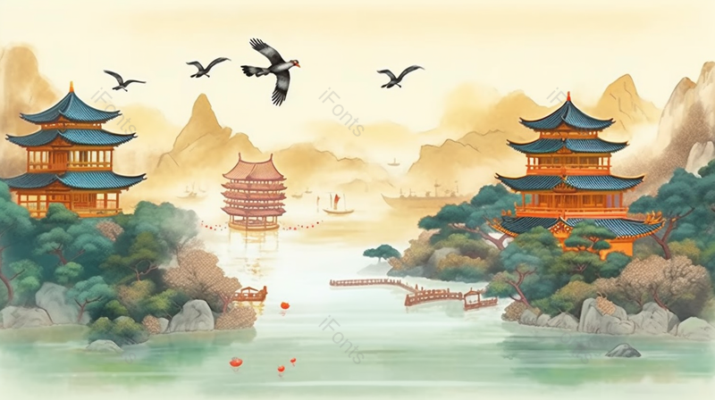 中国风山川河流建筑意境背景,插画/手绘图,插画/手绘图库,插画/手绘图下载,插画/手绘